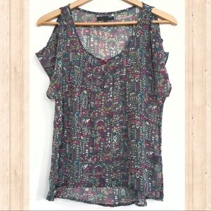 Lucca Couture cold shoulder semi sheer print top
